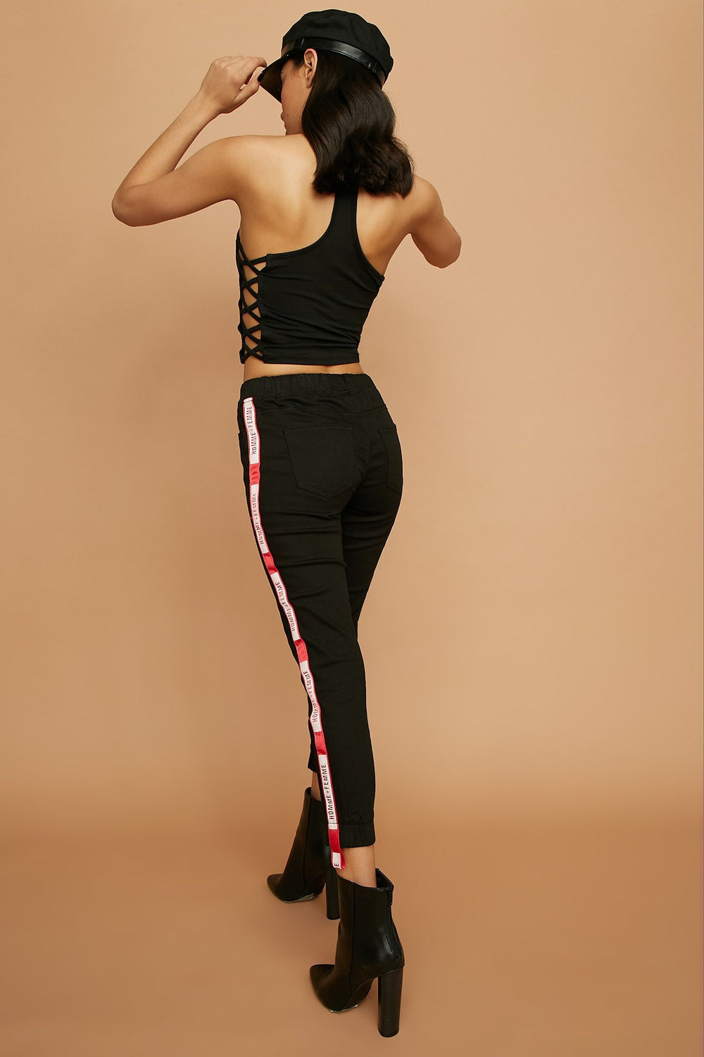 Women Graphic Side Stripe Denim Drawstring Jogger Black