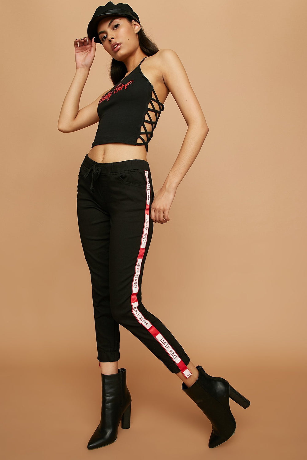 Women Graphic Side Stripe Denim Drawstring Jogger Black