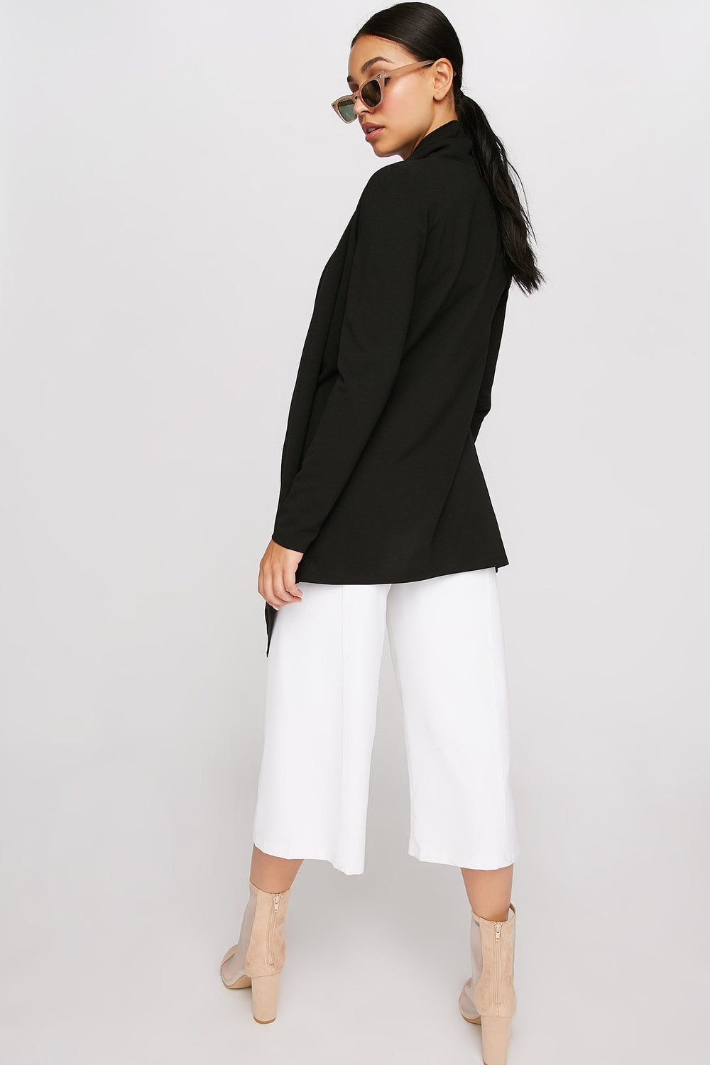 Women High-Low Open-Front Waterfall Blazer Black