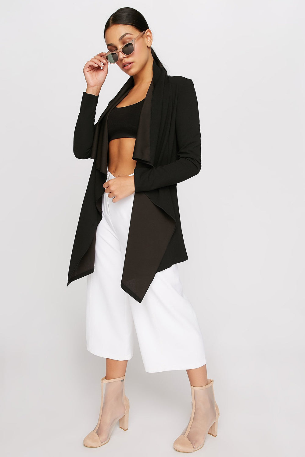 Women High-Low Open-Front Waterfall Blazer Black