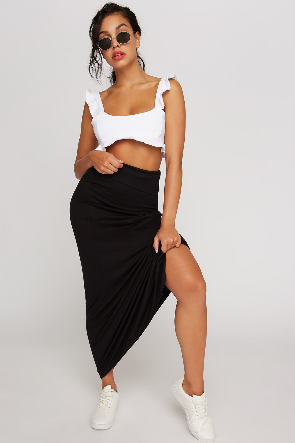 Women High-Rise Banded Soft Maxi Skirt Black