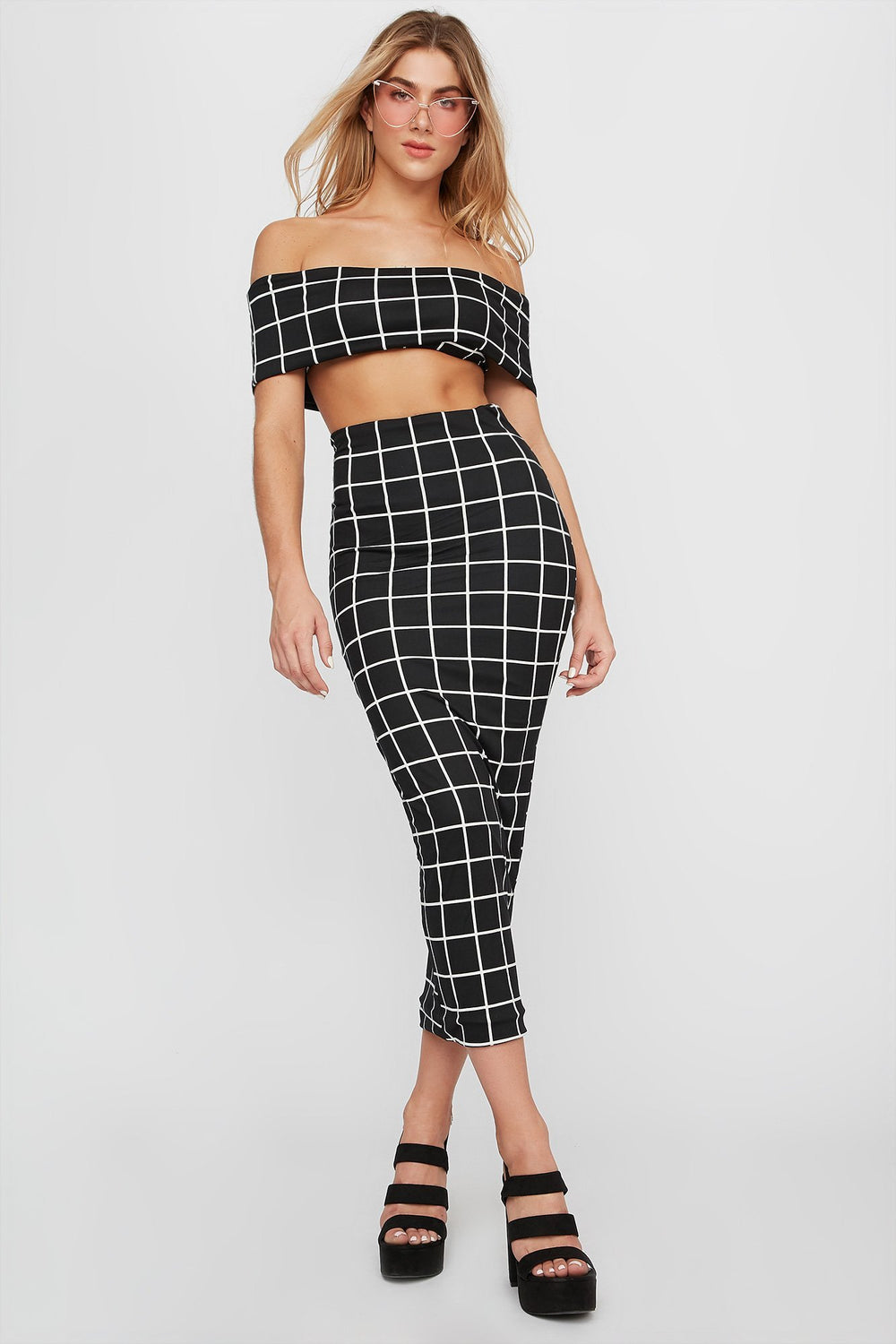 Women High-Rise Checkered Bodycon Maxi Skirt Black