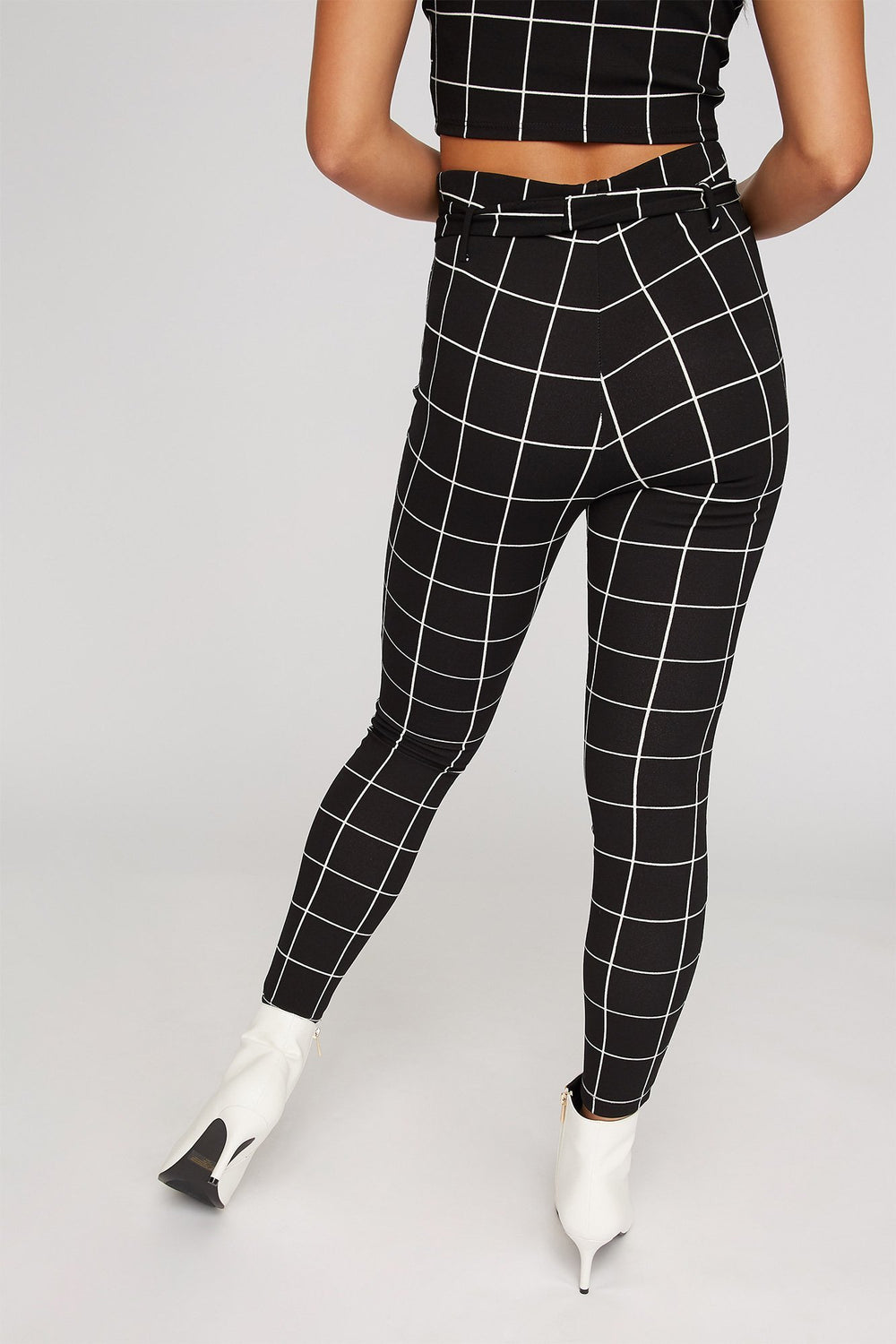 Women High-Rise Checkered Self-Tie Skinny Pant Black
