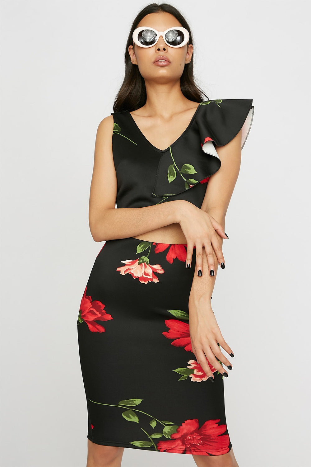 Women High-Rise Floral Scuba Midi Skirt Black