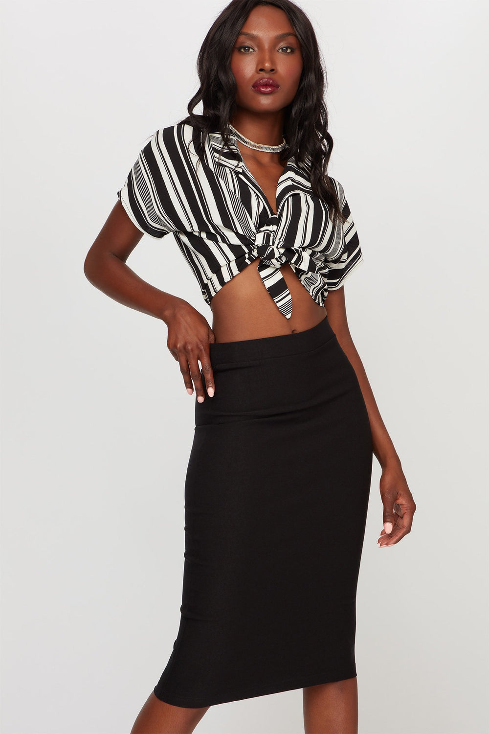 Women High-Rise Pull-On Midi Skirt Black