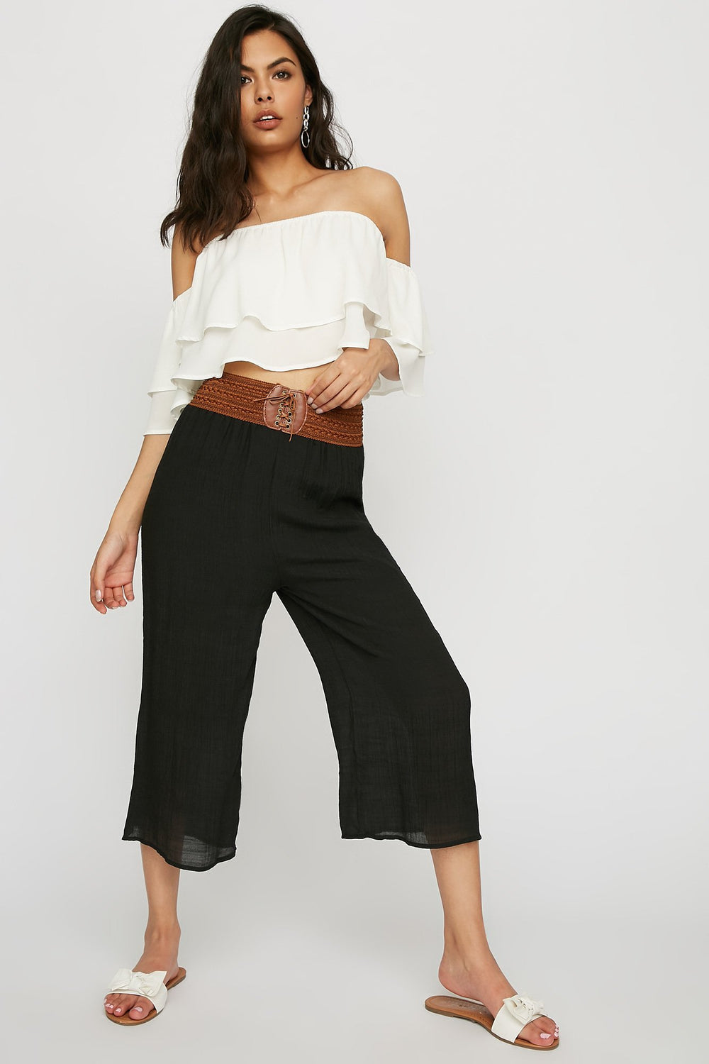 Women Lace-Up Corset Belt Lightweight Culotte Pant Black