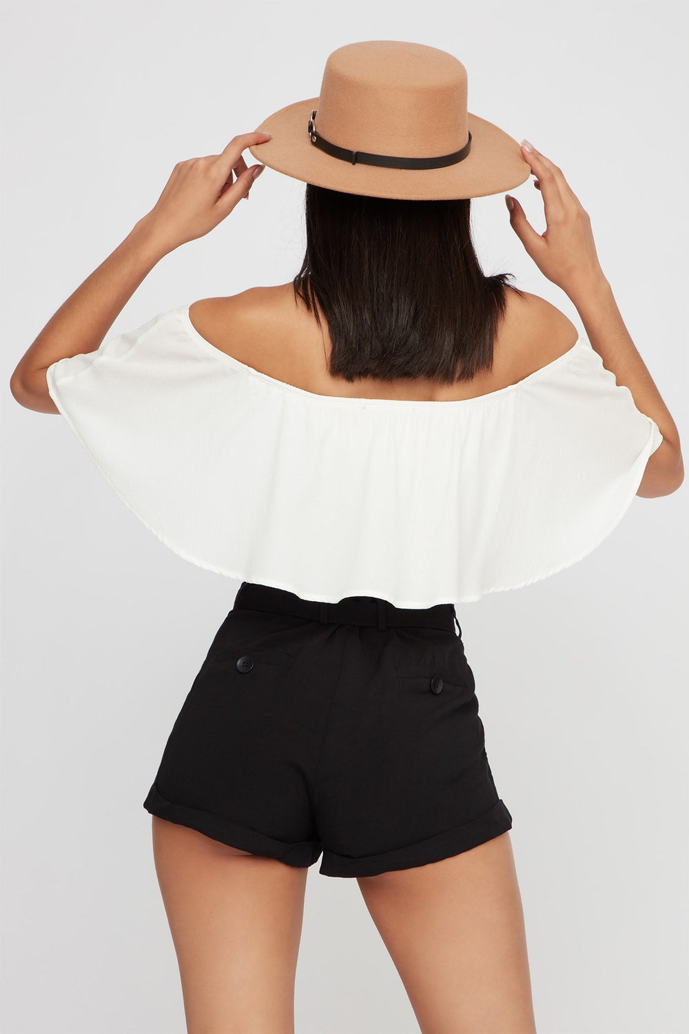Women Lightweight Self-Tie Roll-Up Paperbag Short Black