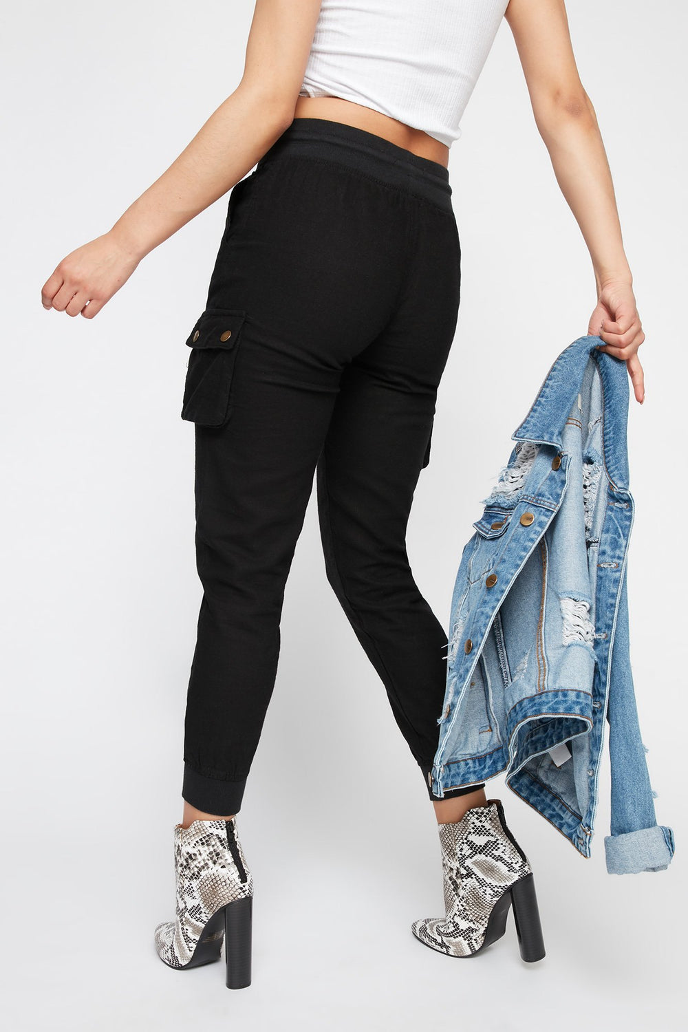 Women Linen Drawstring Cargo Jogger Black
