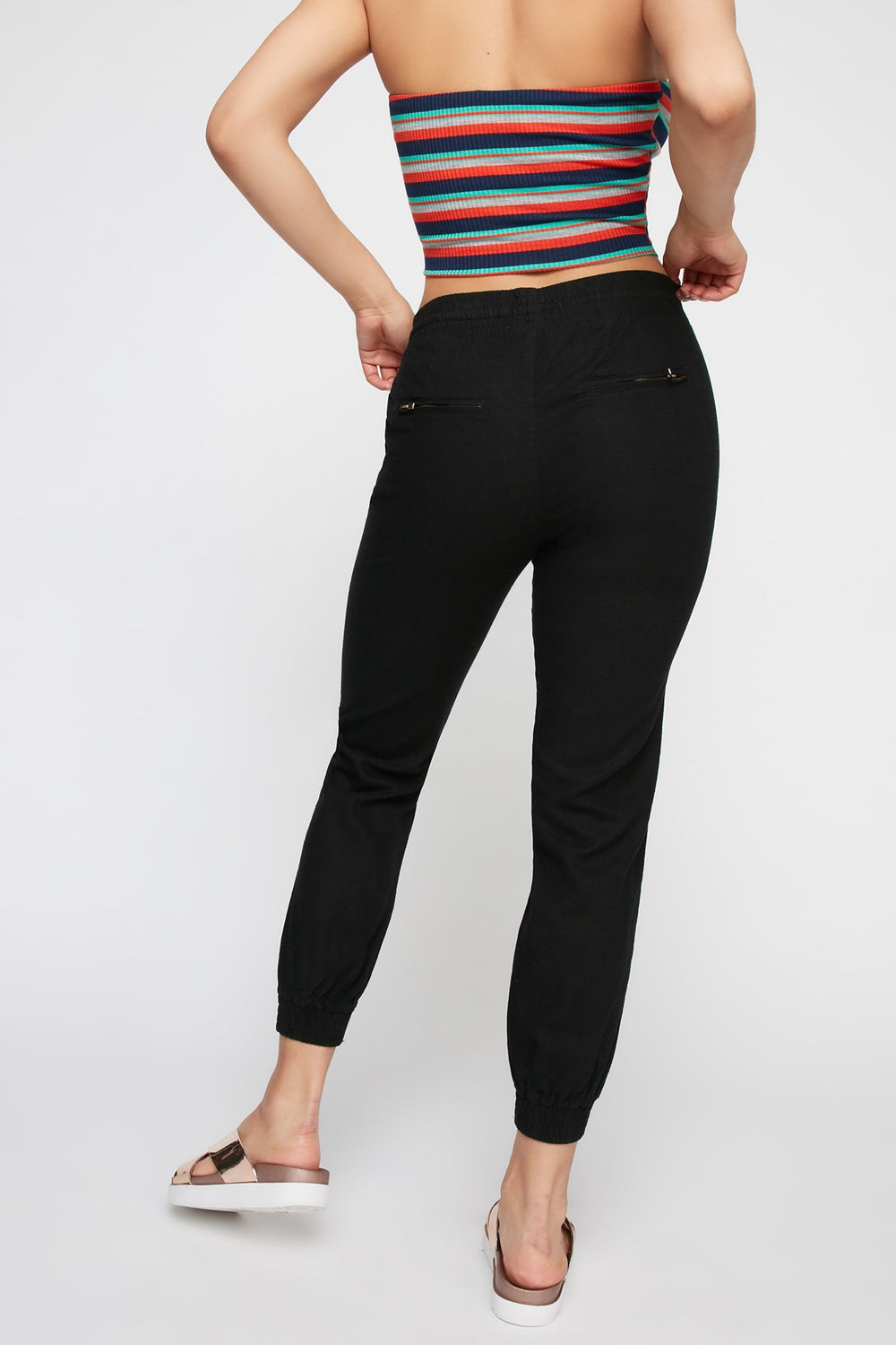 Women Linen Drawstring Zipper Jogger Black