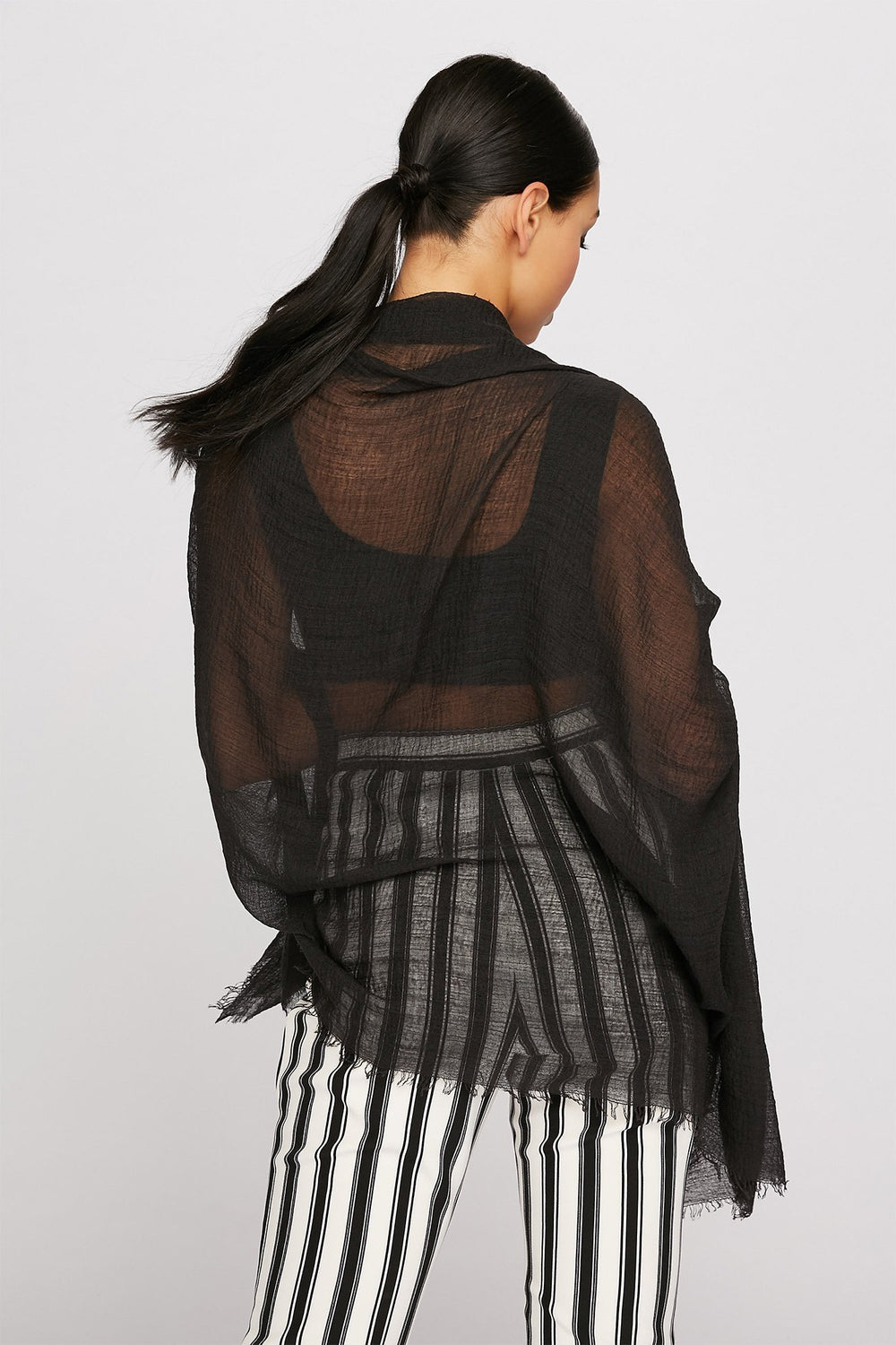 Women Longline Fringe Sheer Scarf Black