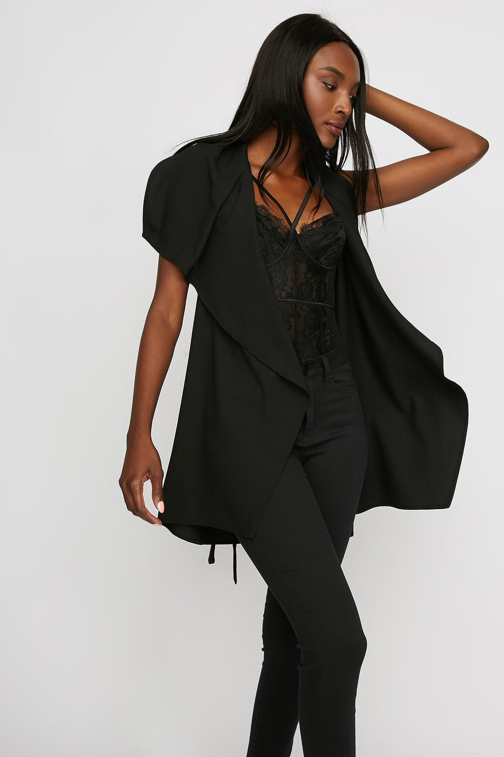 Women Longline Open-Front Waterfall Belted Vest Black