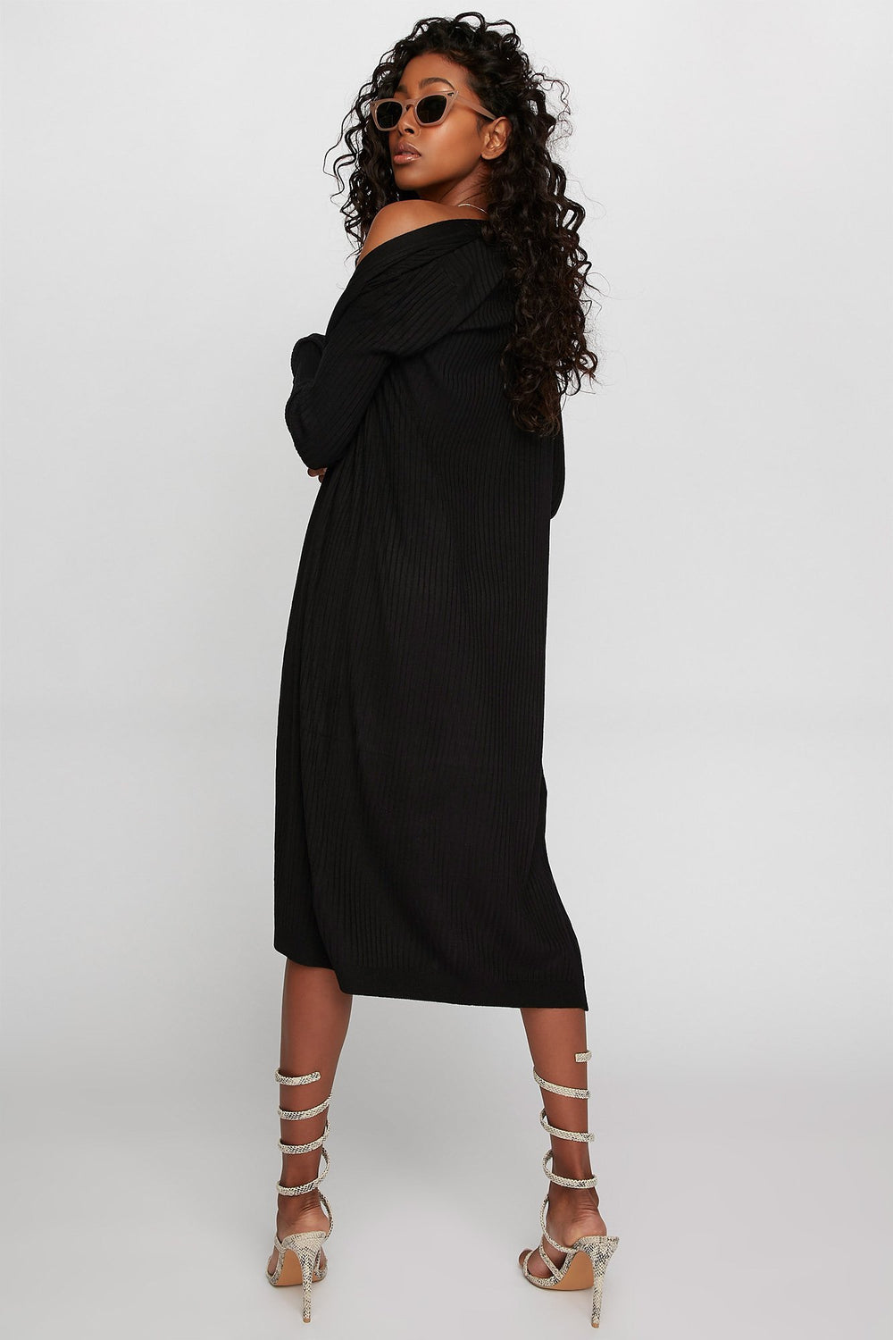Women Longline Ribbed Side Slit Open-Front Cardigan Black