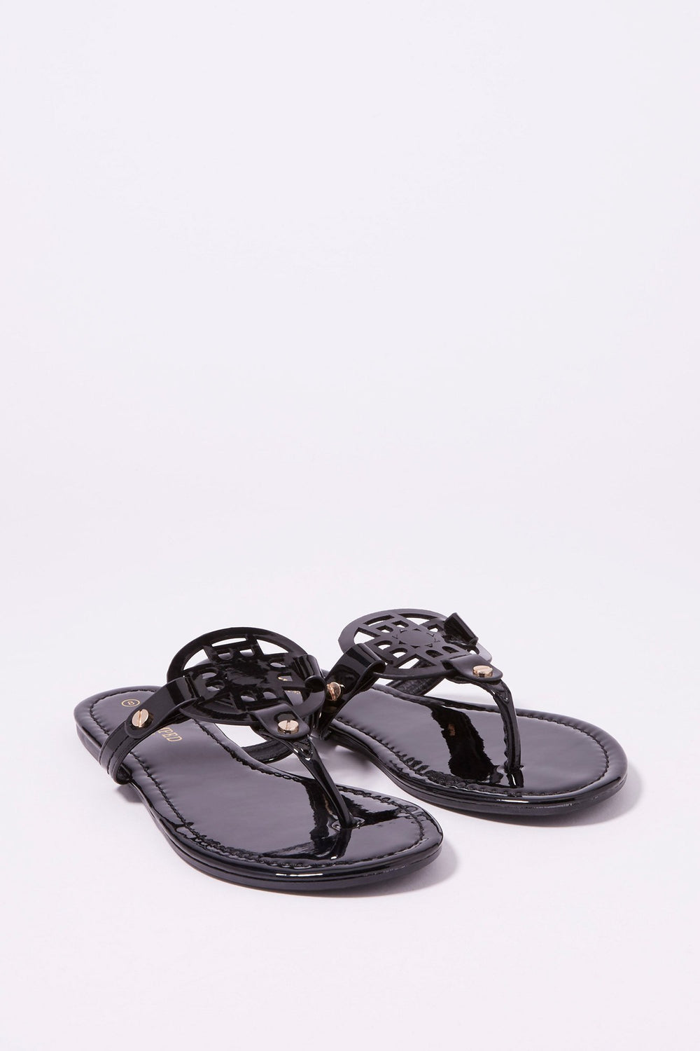 Women Medallion T-Bar Slip-On Sandal Black
