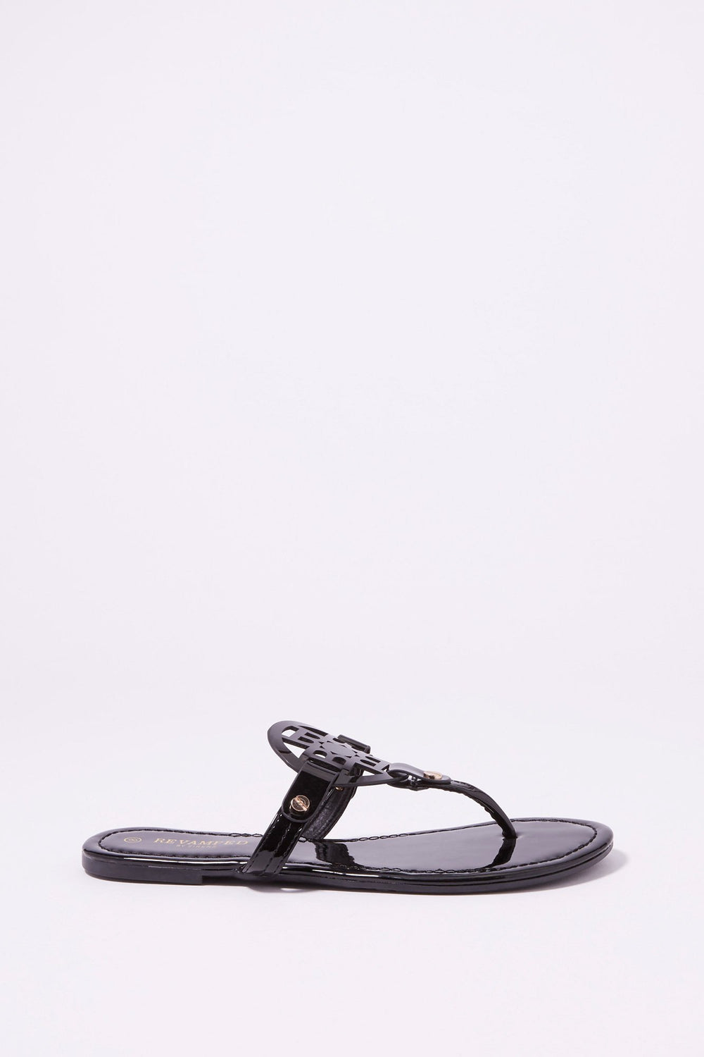 Women Medallion T-Bar Slip-On Sandal Black