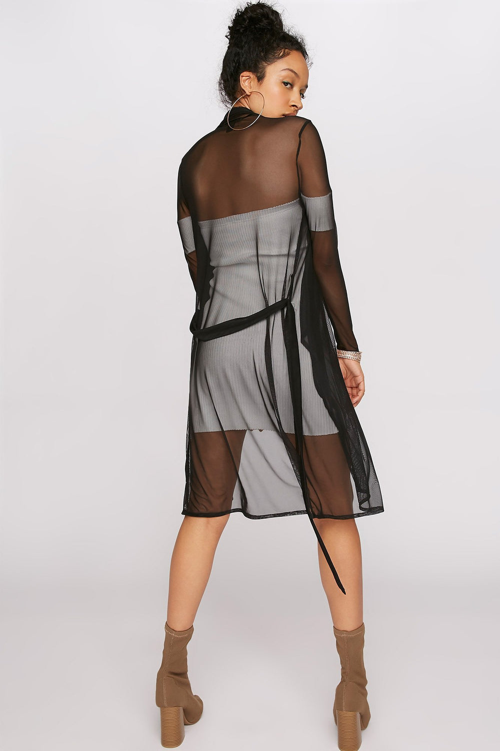 Women Mesh Belted Longline Waterfall Cardigan Black