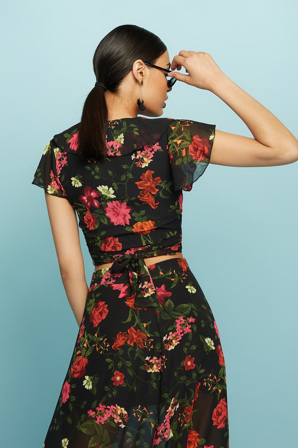 Women Mesh Floral Ruffle Wrap Blouse Black