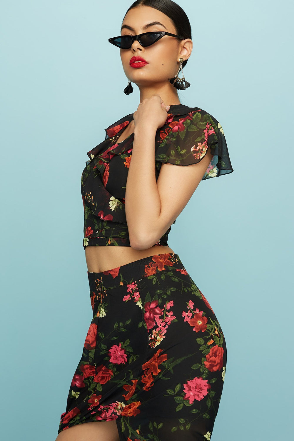 Women Mesh Floral Ruffle Wrap Blouse Black