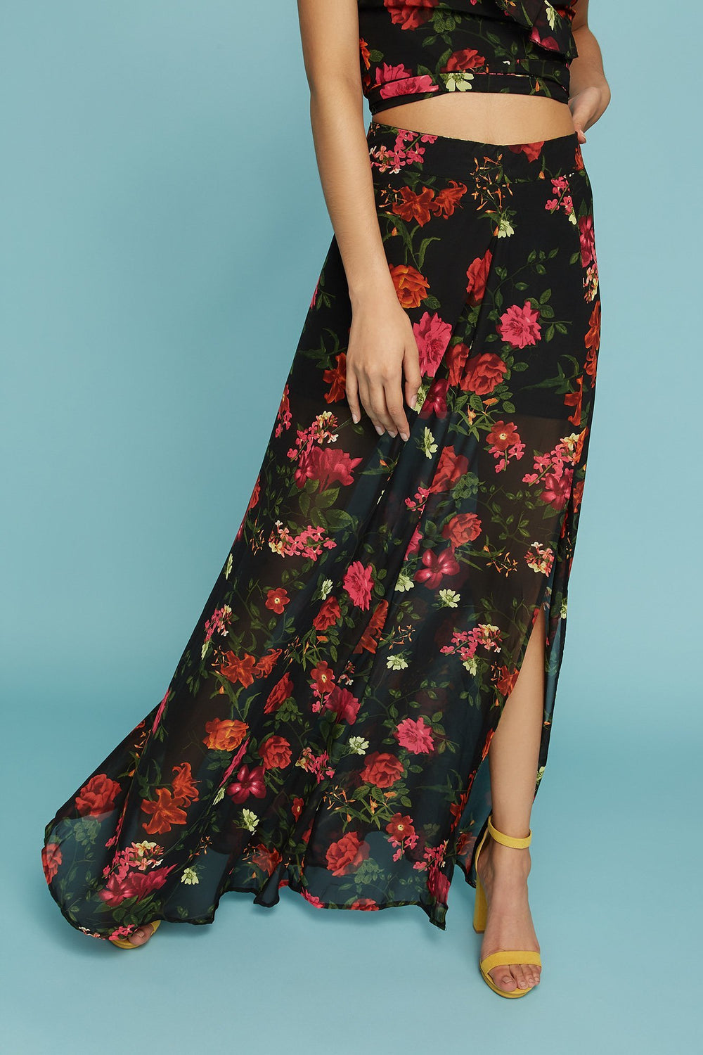 Women Mesh High-Rise Floral Slit Maxi Skirt Black