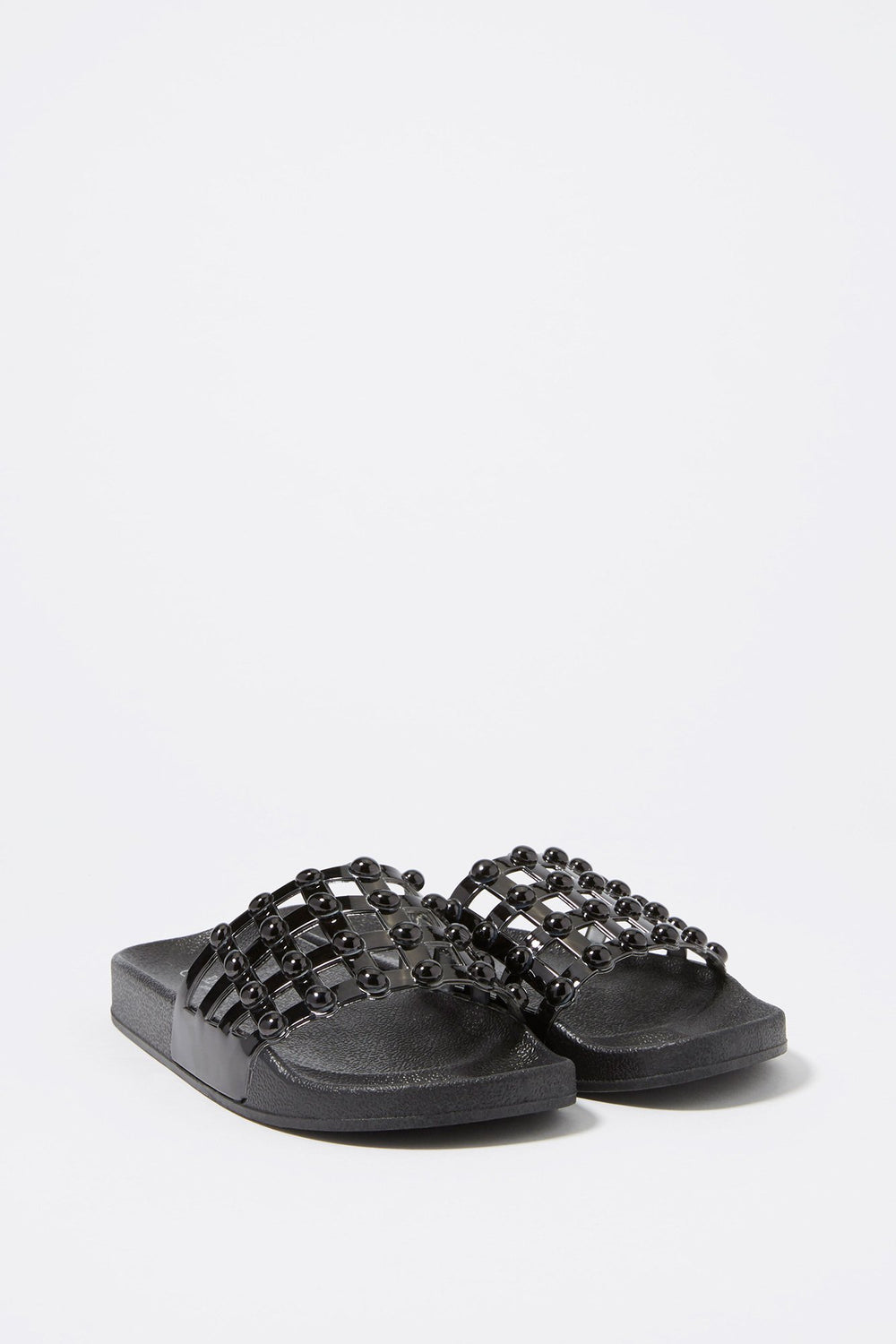 Women Metallic Studded Caged Slider Sandal Black