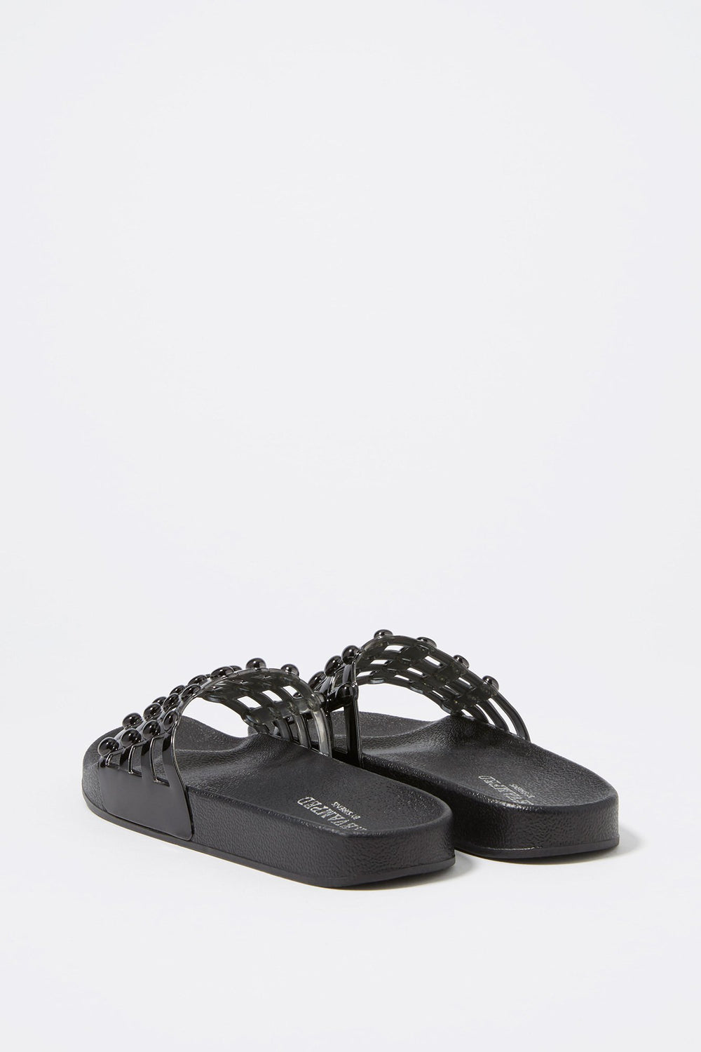 Women Metallic Studded Caged Slider Sandal Black