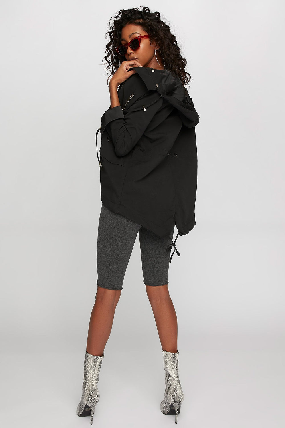 Women Microfiber Hooded Drawstring Anorak Jacket Black