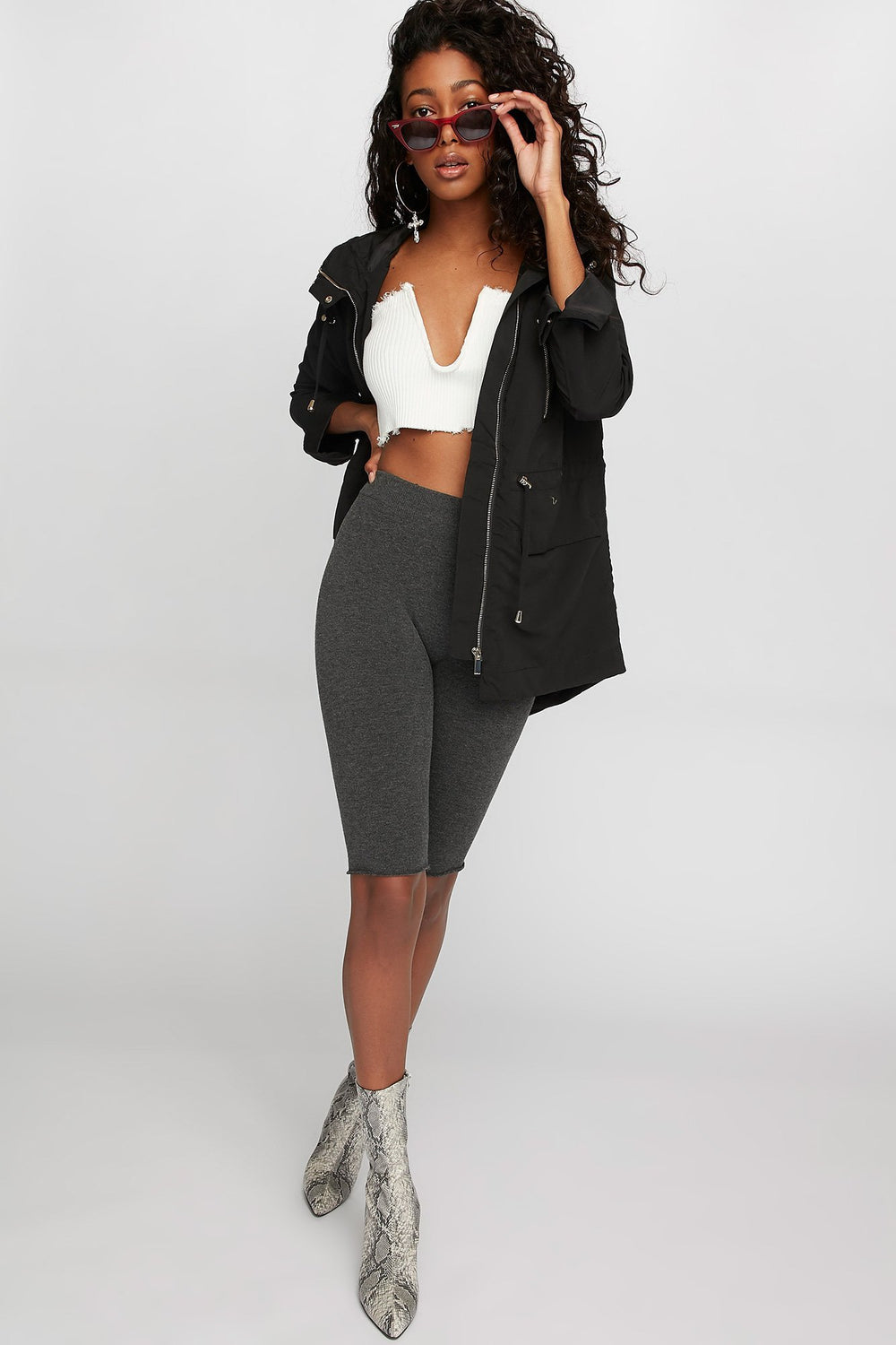 Women Microfiber Hooded Drawstring Anorak Jacket Black