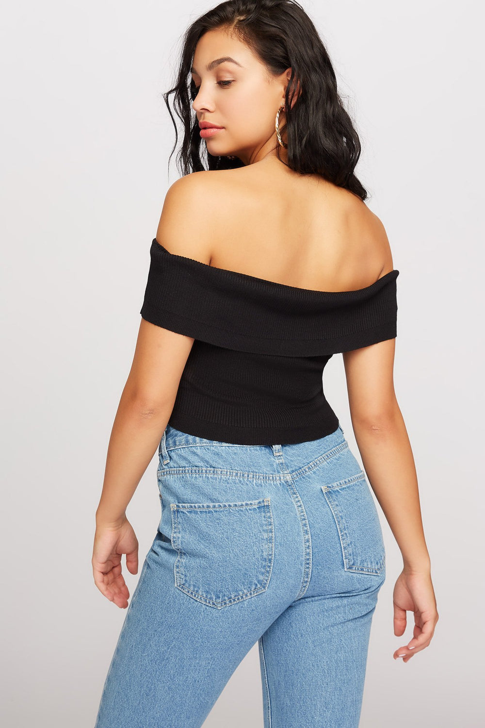 Women Off The Shoulder Fold Ribbed Cropped Blouse Black