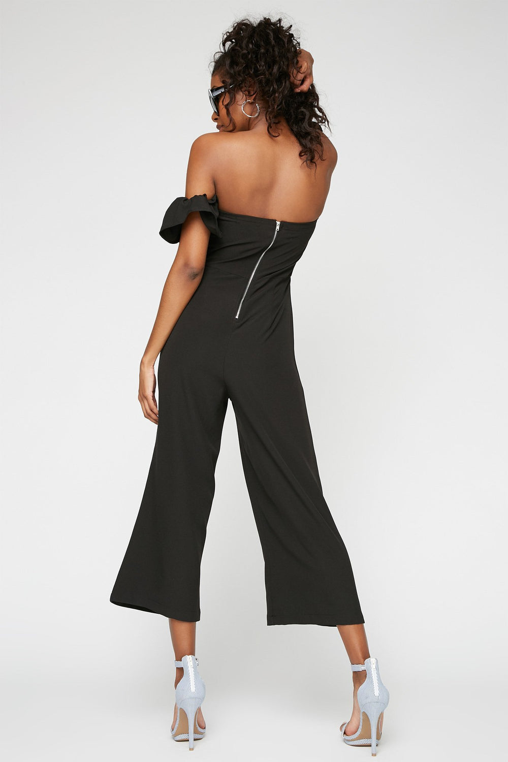 Women Off The Shoulder Ruffle Bell Sleeve Culotte Jumpsuit Black
