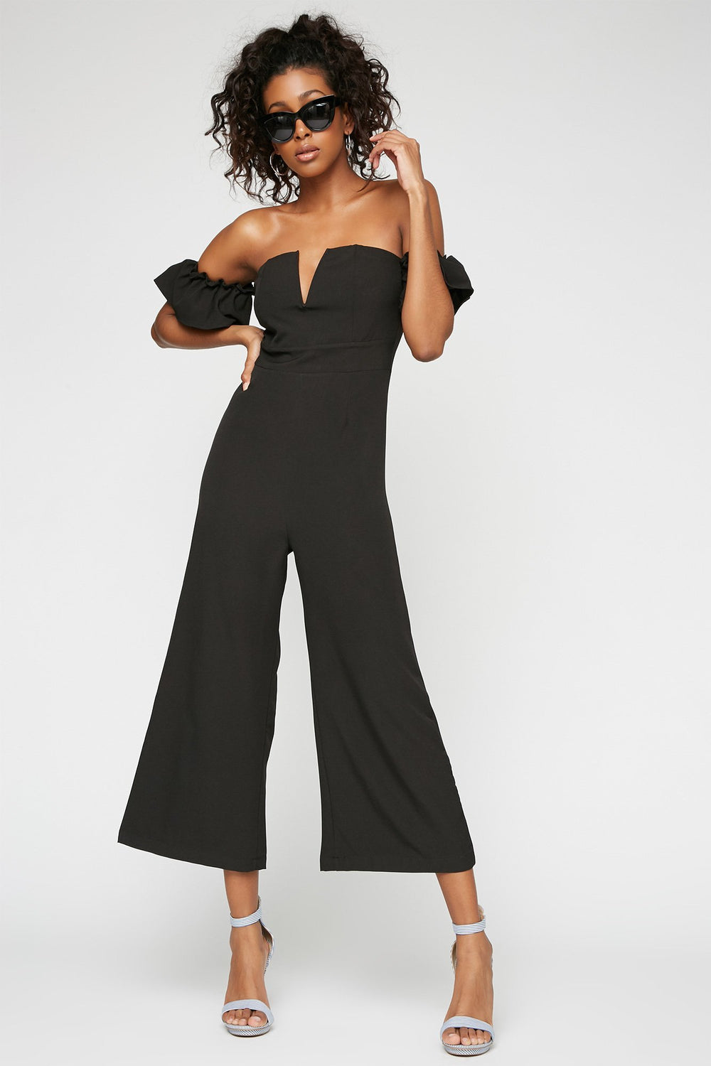Women Off The Shoulder Ruffle Bell Sleeve Culotte Jumpsuit Black