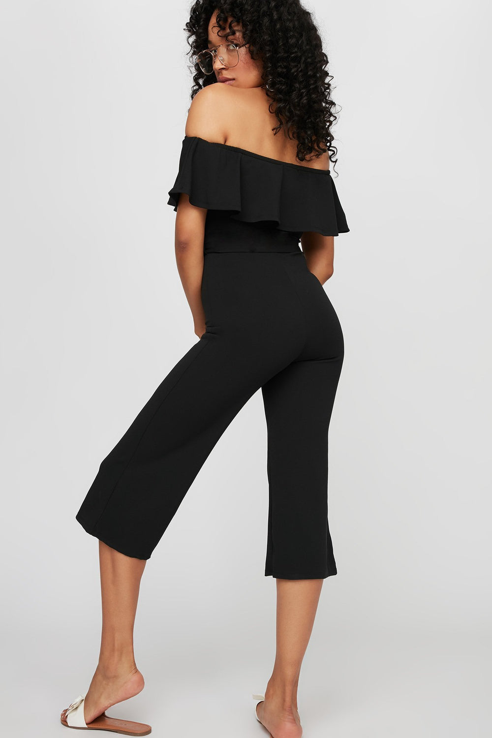 Women Off The Shoulder Ruffle Belted Culotte Jumpsuit Black