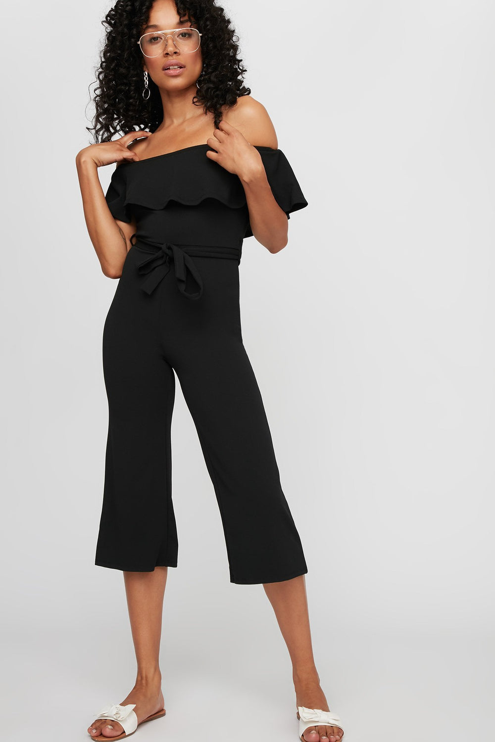 Women Off The Shoulder Ruffle Belted Culotte Jumpsuit Black