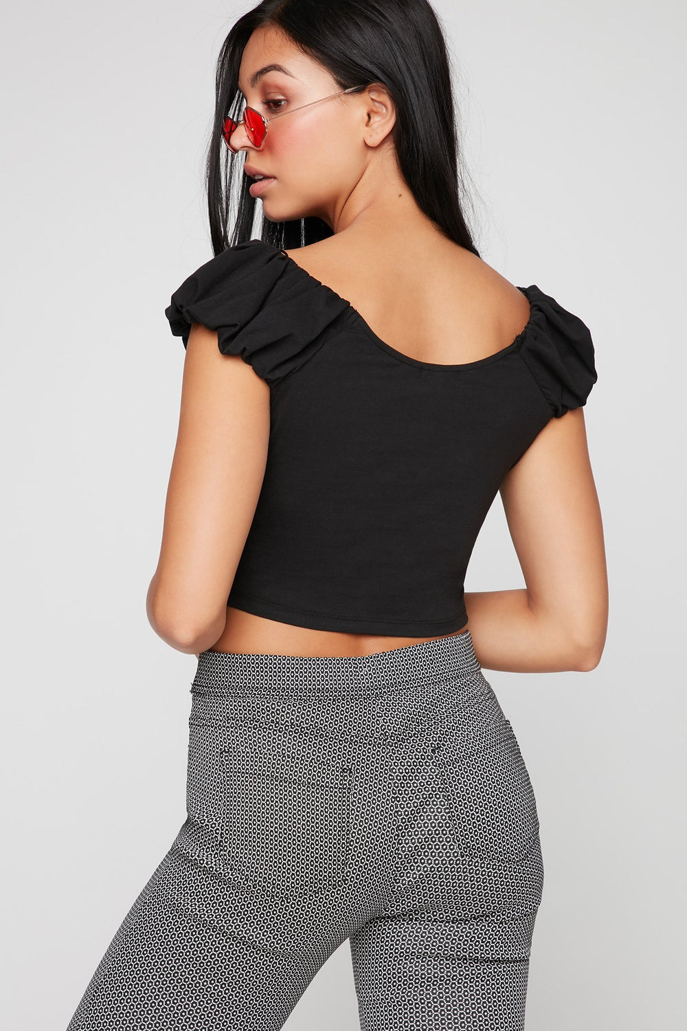 Women Off The Shoulder Ruffle Cropped T-Shirt Black