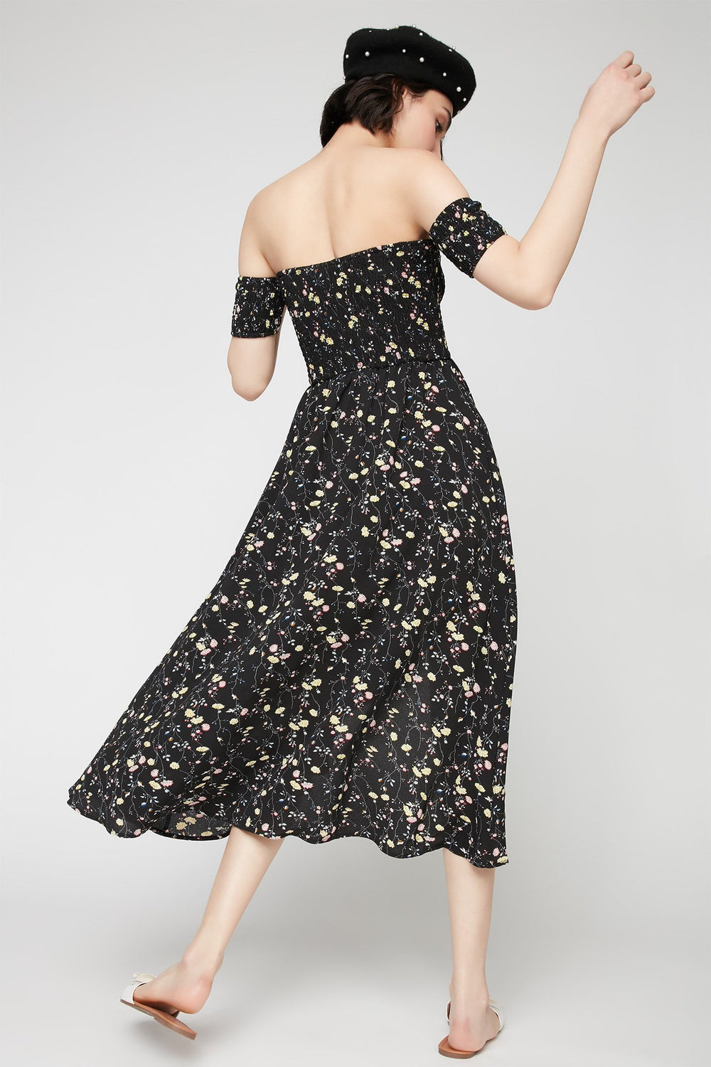 Women Off The Shoulder Smocked Floral Dress Black
