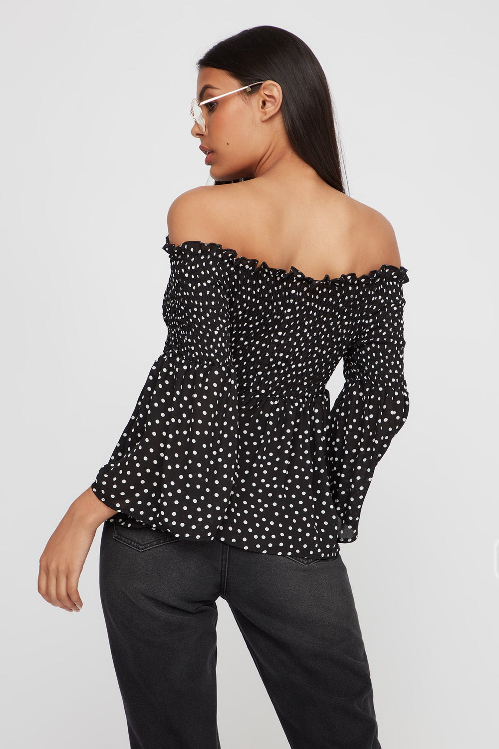 Women Off The Shoulder Smocked Polka Dot Bell Sleeve Blouse Black