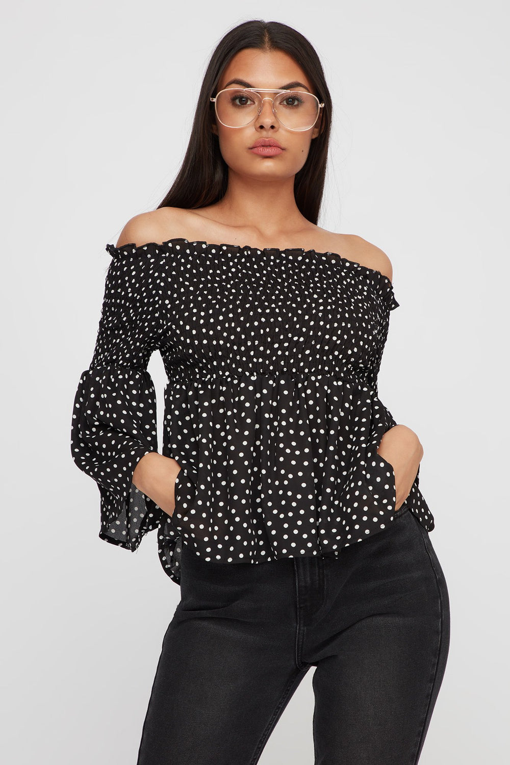 Women Off The Shoulder Smocked Polka Dot Bell Sleeve Blouse Black