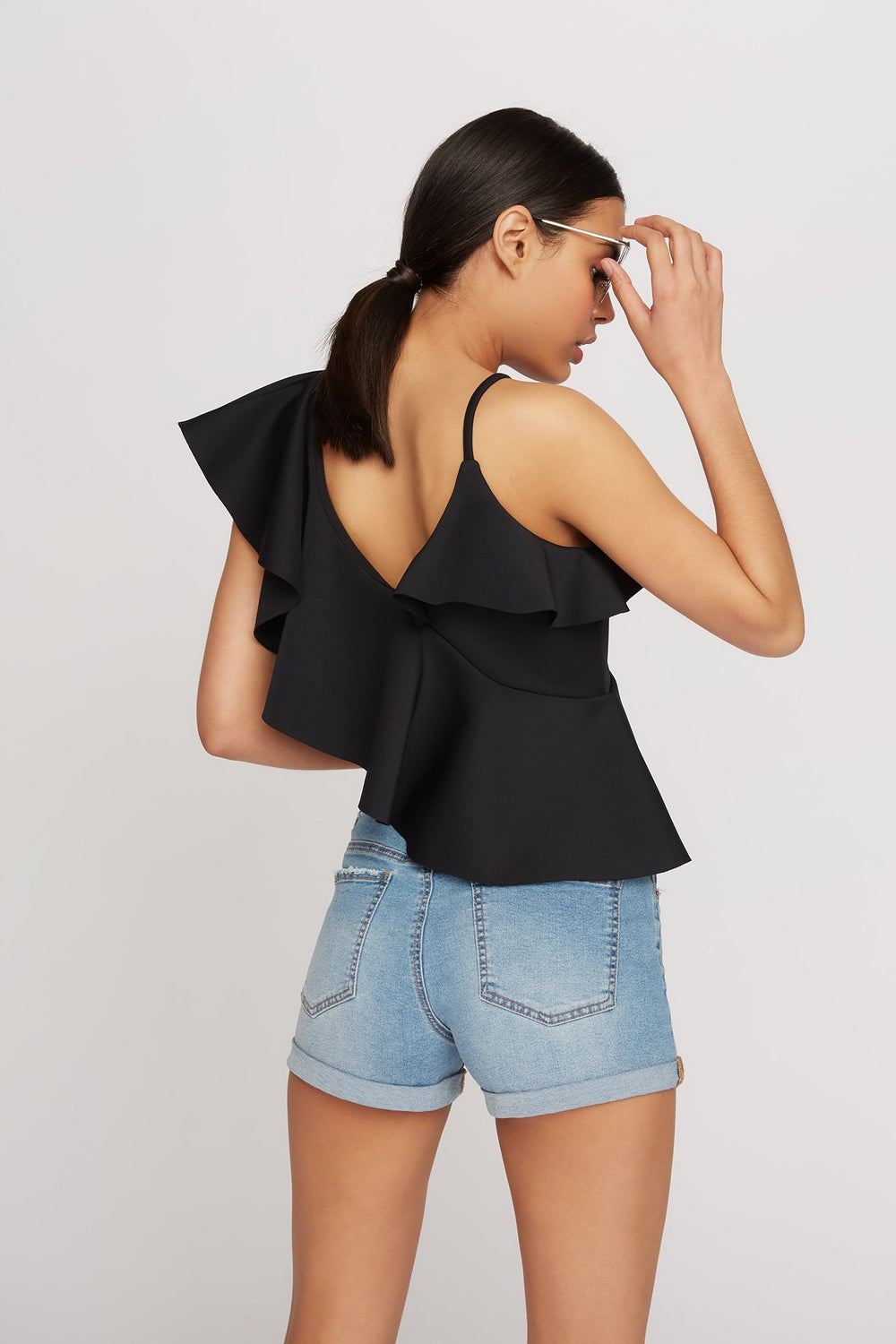 Women One Shoulder Ruffle Scuba Asymmetrical Cropped Blouse Black