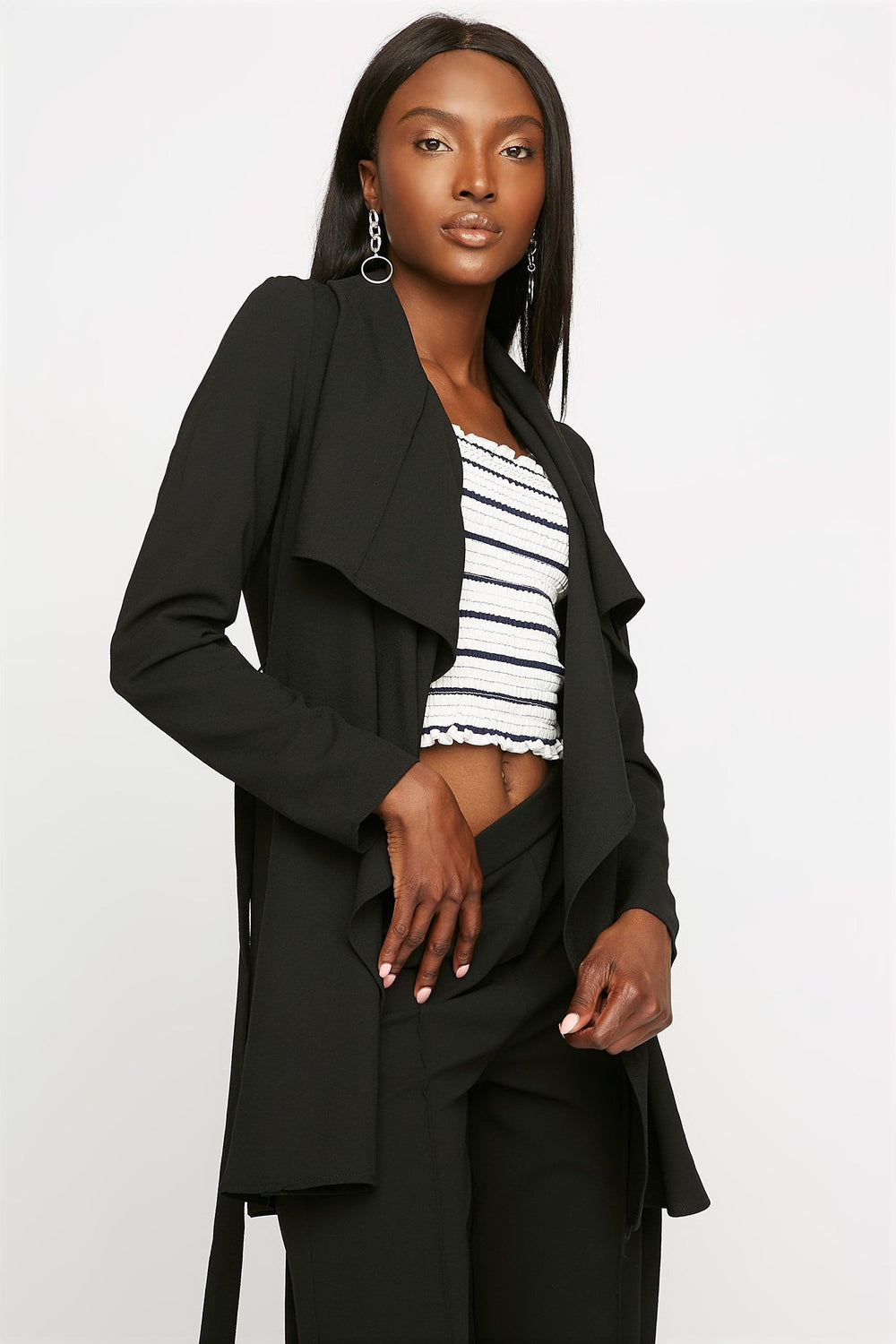 Women Open-Front Waterfall Belted Blazer Black