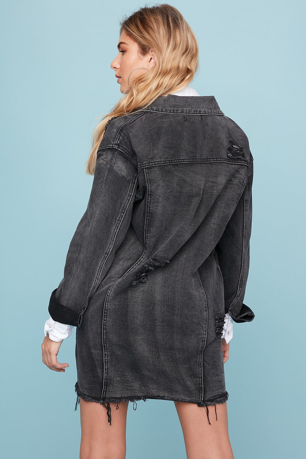 Women Oversized Distressed Frayed Hem Longline Denim Jacket Black