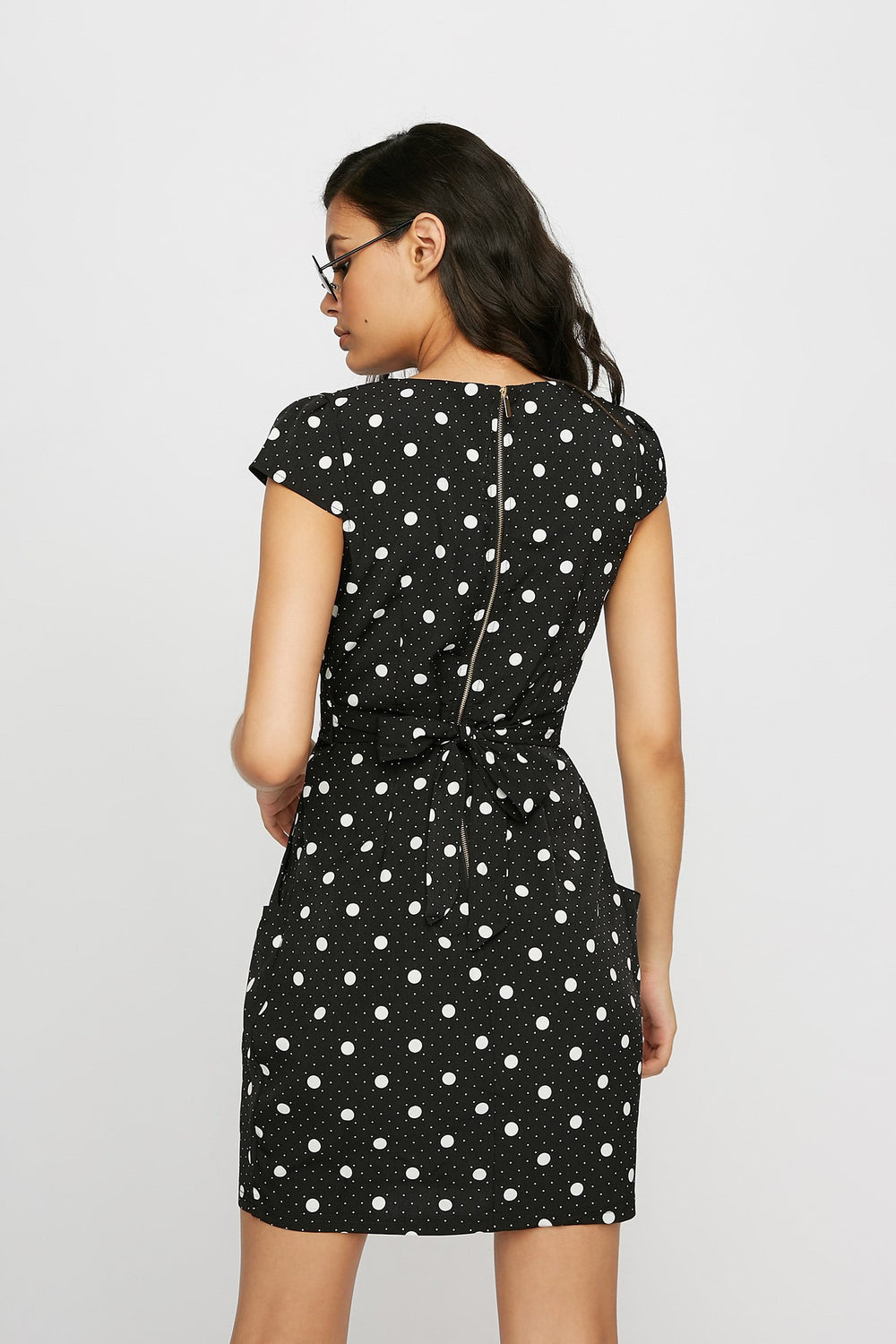 Women Polka Dot Pocket Back-Tie Pleated Midi Dress Black