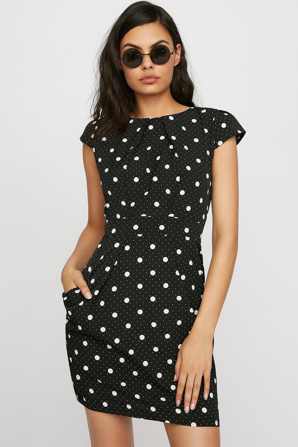 Women Polka Dot Pocket Back-Tie Pleated Midi Dress Black