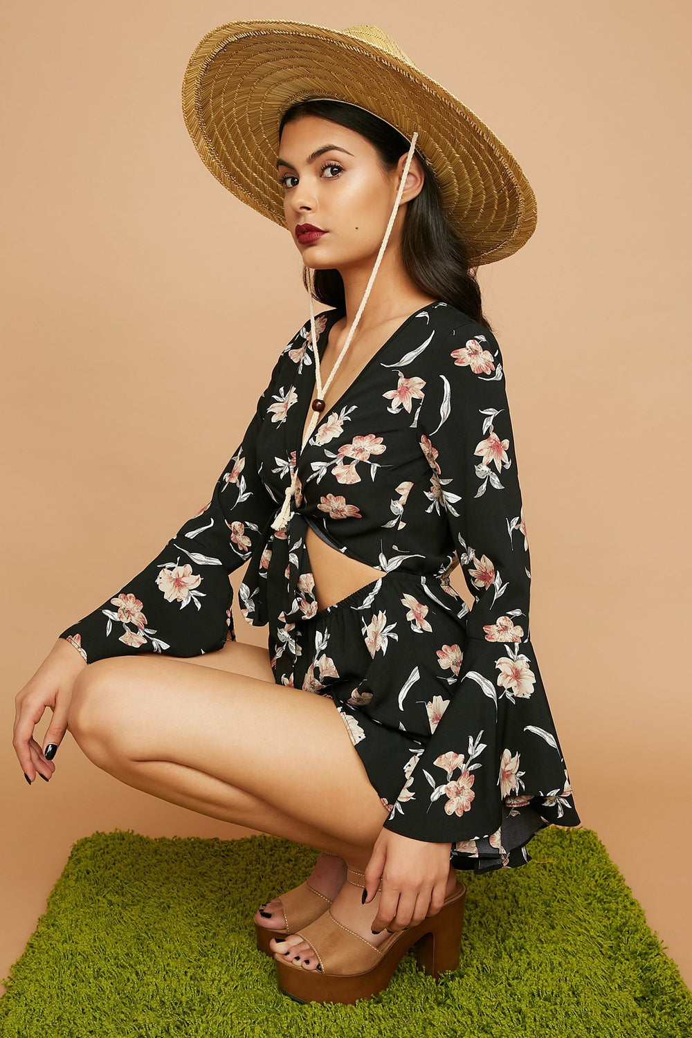 Women Printed Bell Sleeve Front-Knot Ruffle Romper Black