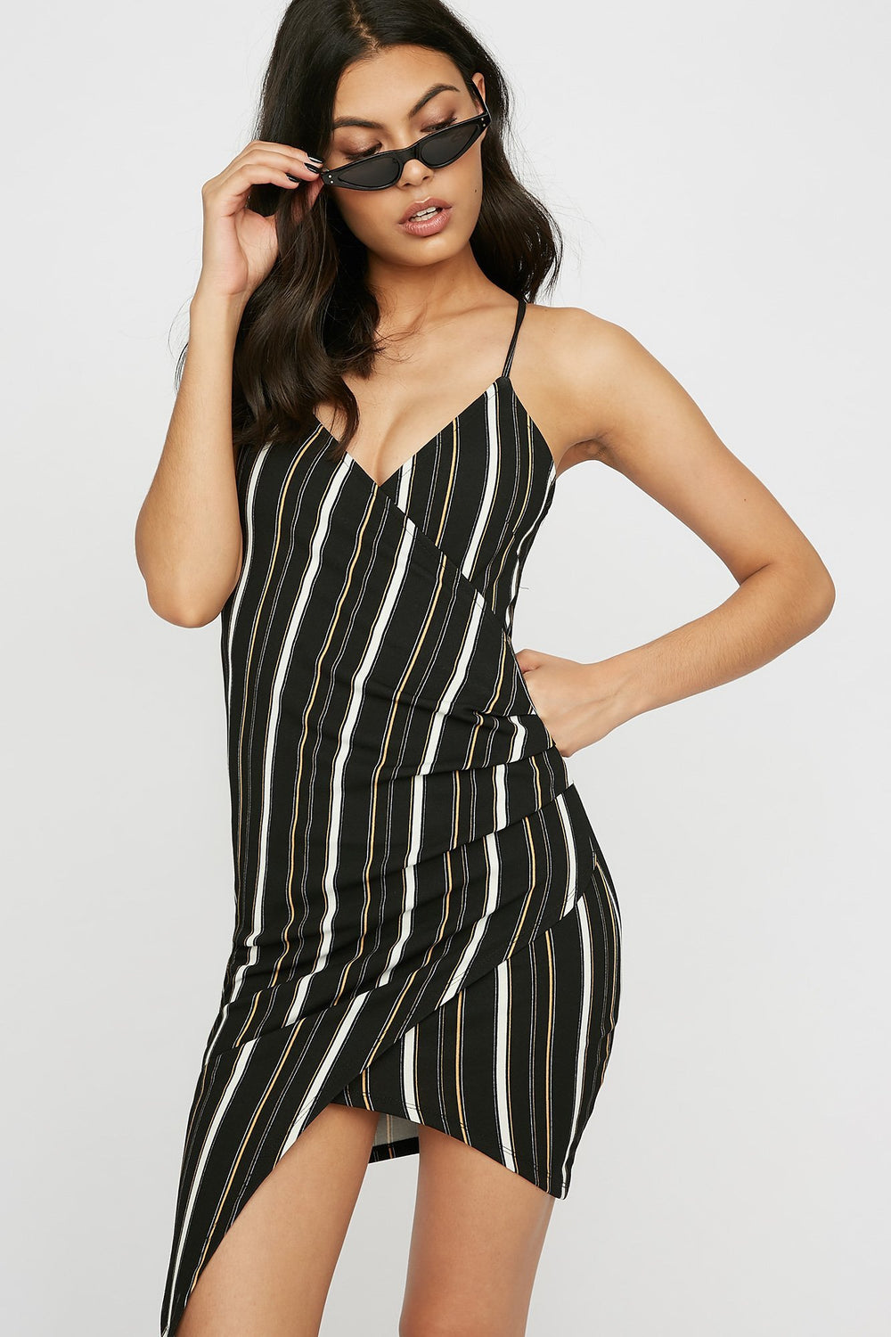 Women Printed Faux-Wrap Asymmetrical Bodycon Dress Black
