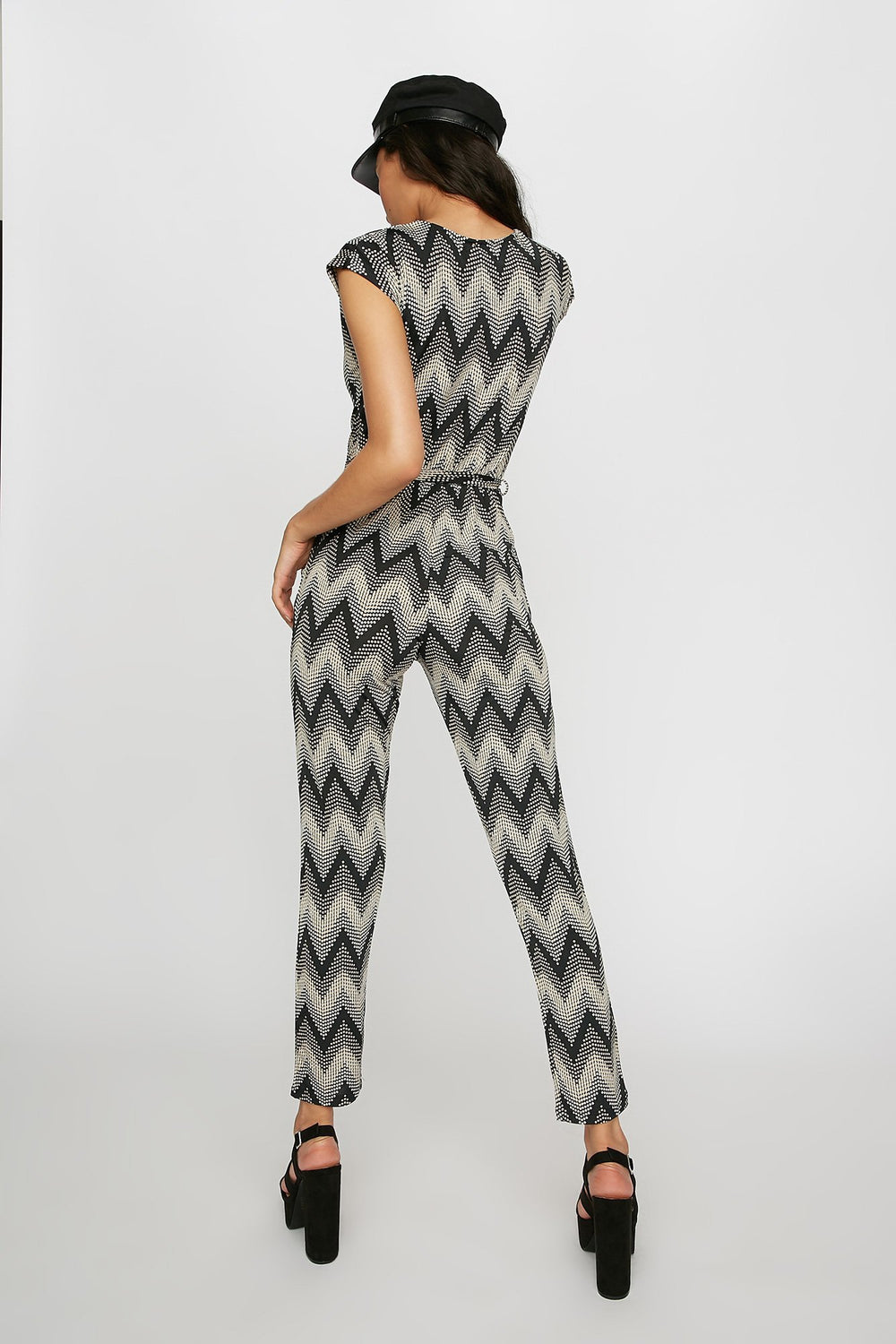 Women Printed Self-Tie Pocket Jumpsuit Black