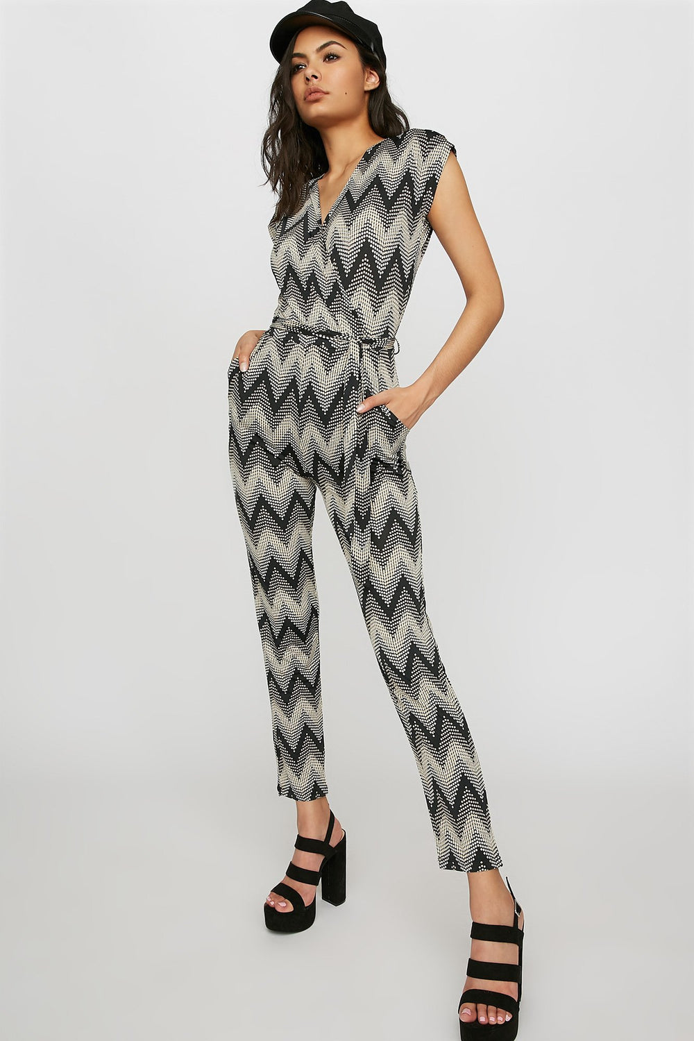 Women Printed Self-Tie Pocket Jumpsuit Black