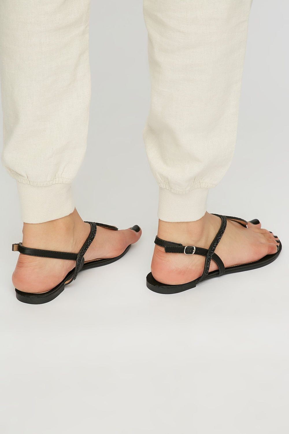 Women Rhinestone T-Bar Satin Sandal Black