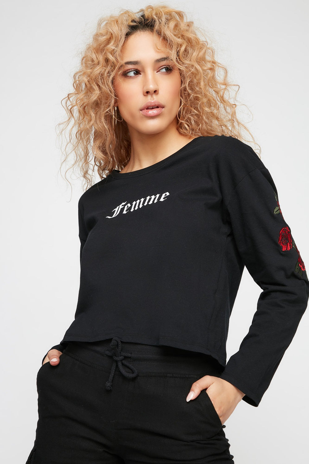 Women Rose Embroidered Cropped Graphic Long Sleeve Black
