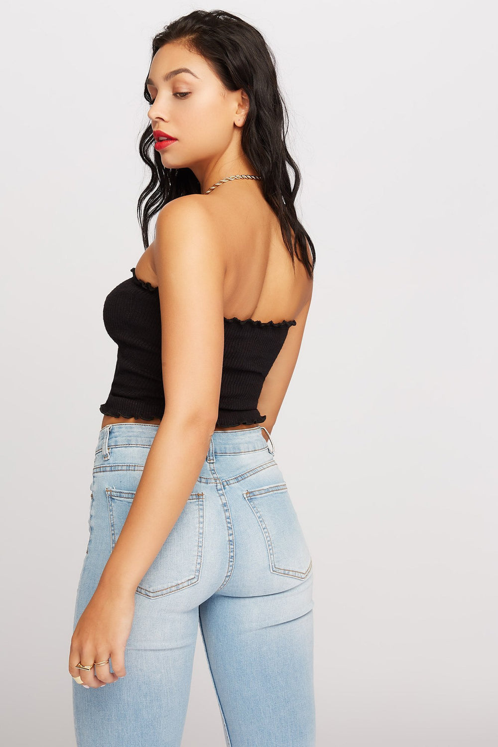 Women Ruched Strapless Self-Tie Tube Top Black