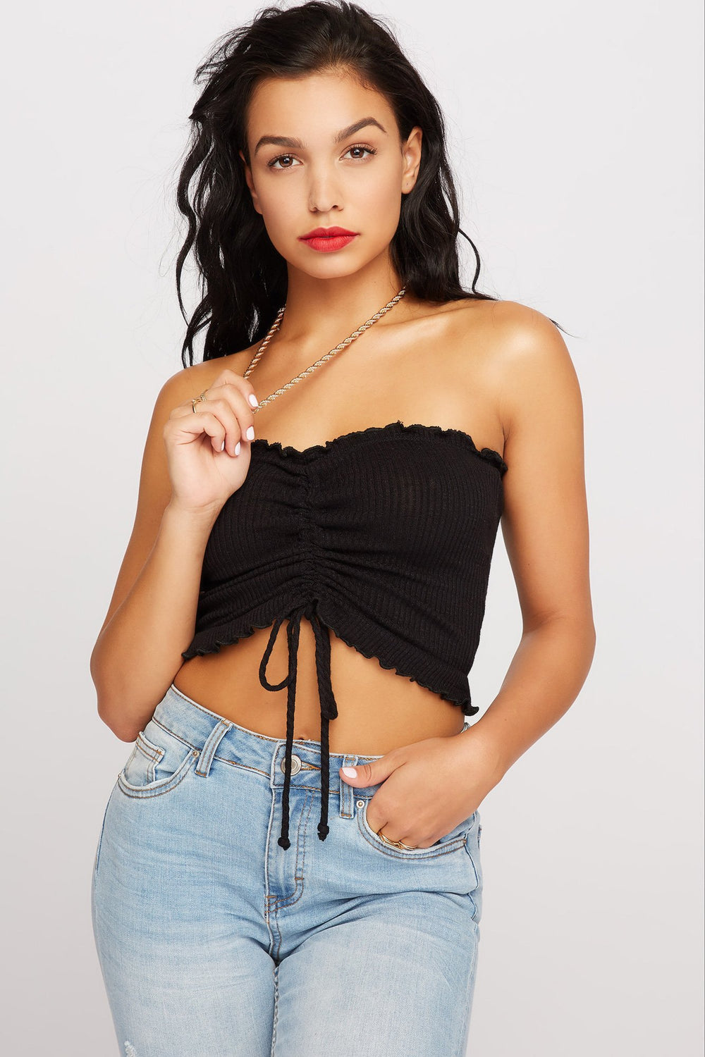 Women Ruched Strapless Self-Tie Tube Top Black