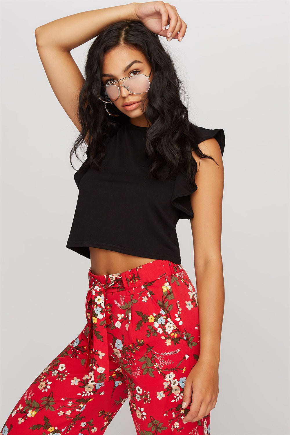 Women Ruffle Cropped Sweater Black