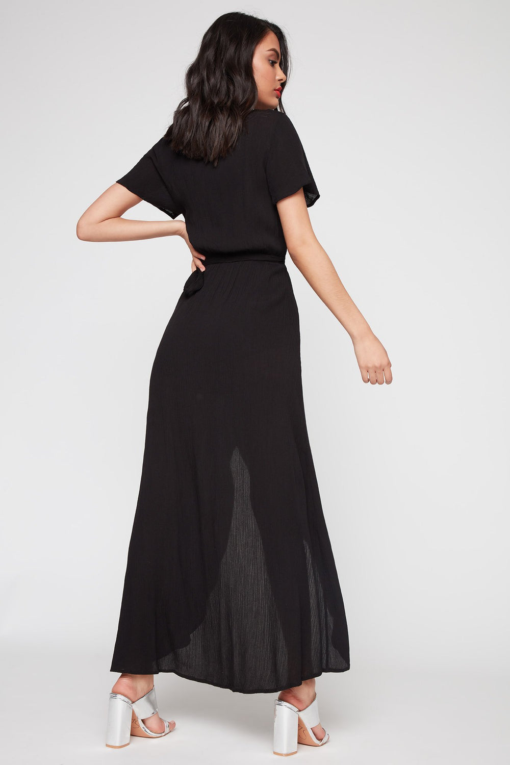 Women Short Sleeve Lightweight Maxi Wrap Dress Black